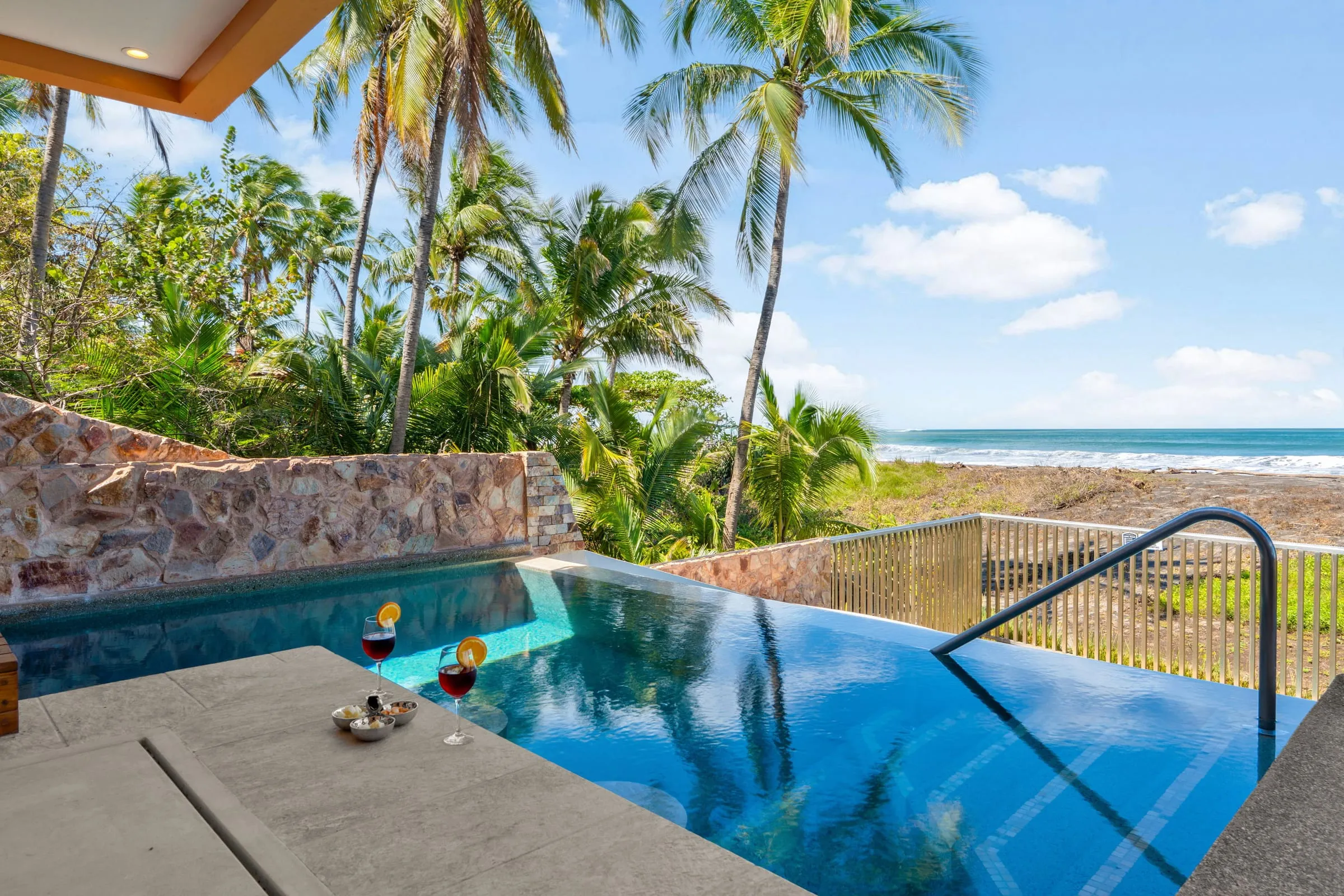 Piscina con escalera y baranda, con vista a la playa y las palmeras